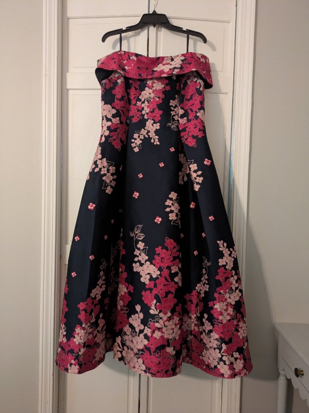 Adrianna Papell Floral Jacquard Off Shoulder Dress Navy Pink Size 16